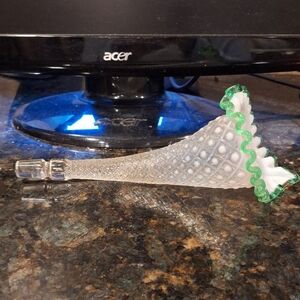 Fenton White Hobnail Vase with Green Ruffle